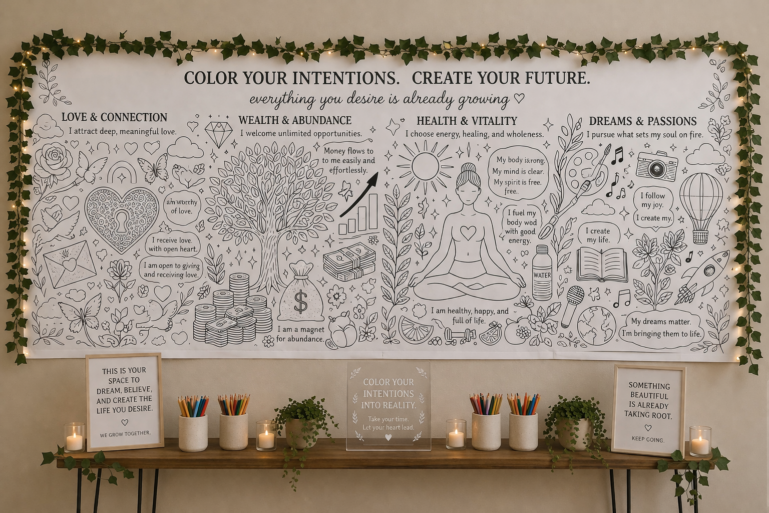 Interactive custom mural for guests to color their intentions